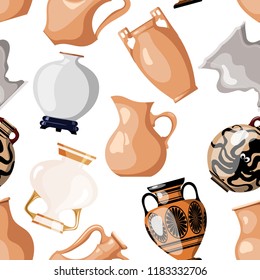 Seamless of antique utensils for food on a white background  vintage amphorae for wine, grain, oil and incense. Cartoon style. Vector illustration