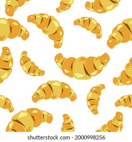 Seamless appetizing pattern of croissants on a white background.The vector confectionery pattern can be used in bakeries,cafes,textiles,packaging.