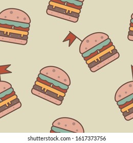 Seamless appetizing pattern. Hot juicy burgers and cheeseburgers. Background for wrapping paper. Bold stroke, muted colors. Repeating pattern. Fast food.