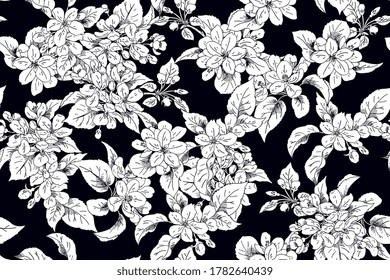 Seamless apple blooming background for spring dress fabrics