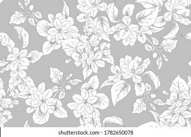 Seamless apple blooming background for spring dress fabrics