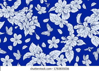 Seamless apple blooming background for spring dress fabrics