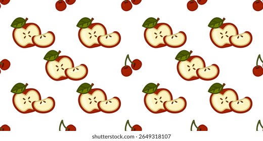 Padrão de cereja de maçã sem costura. Padrão perfeito com maçãs vermelhas de desenho animado, fatias e cerejas em cores quentes. Ilustração em estilo plano sobre fundo branco.