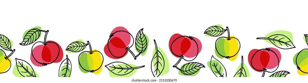 Seamless Apple Fruit Border. Fruits With Leaf Hand Drawn Sketch. Bright Fruit Decor Border. Linear Vector Illustration For Wallpaper, Wrapping Paper. Food Template For Menu, Cover, Nursery Design