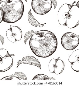 Seamless Apple Fruit Sliced In Half With Seed And Leaves Pattern Hand Drawn Sketch Vector Illustration