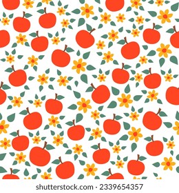 Seamless apple pattern with green leaves and yellow flowers on a white background. Suits as fabric print, wallpaper, all parts are editable.