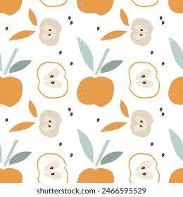 Seamless Apple pattern. Print in Printmaking style. Abstract natural background in pastel colors with raster texture effect. Repeated Hand-drawn print for wallpaper, textile, wrapping, packaging