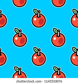 Seamless apple pattern. Red apples on blue background. Black contour and white outline. Sticker style.
