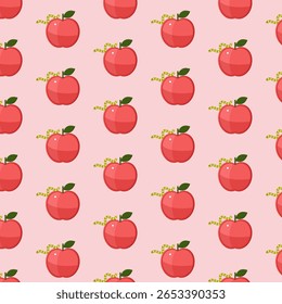 Seamless apple pattern with red apples green leaves and gingham stems on pink background, cute autumn fruit vector design, repeating swatch in swatches panel