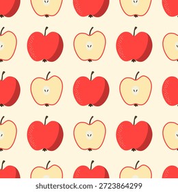 Patrón de manzana sin fisuras, manzanas rojas enteras y en rodajas repiten el fondo. Para embalaje, textiles, Fondos de pantalla, papel de embalaje, papelería, decoración de la cocina y marca de alimentos.