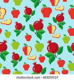 Seamless apple and pomegranate pattern. Rosh Hashanah jewish new year. Vector illustration.