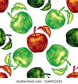 Seamless apple sketch pattern. Hand drawn gardening element illustration. Vector outline food symbol design from agriculture collection. Can be used in web and mobile.