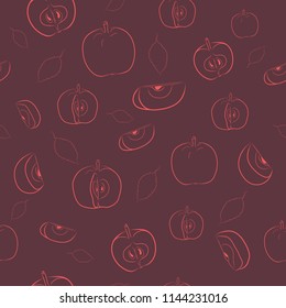 Seamless Apple Sketch Pattern. Whole and Sliced Apples and Leaves Contour. Hand drawn Gardening Element, EPS 8 Vector Illustration. Can be used in Print, Web and Mobile Design.