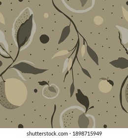 Seamless apple tree pattern. Trendy hand-drawn vector illustration for wrapping paper and cards. Minimalist dotted pattern with yellow-green apples, leaves, branches. Abstract botanical fruit pattern