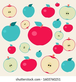 Seamless Apple vector pattern. Tropical Fruit background texture with slices core.  fruit apple vector illustration icons in a repetitive pattern for print, wrapping, packaging, business.