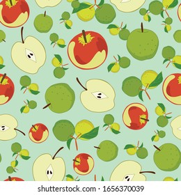 Seamless apples pattern on green background