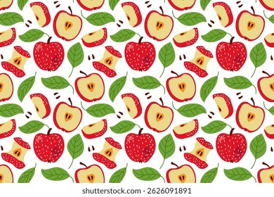 Seamless Apples Pattern. Red chopped and whole Apples fruits with green leaves. Summer apple orchard. Hand drawn vector illustration. Repeated template for textile, wrapping paper, wallpaper, scrap.