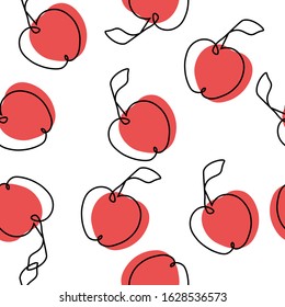 Seamless apples pattern – trendy contemporary one line drawing abstract fruit with red shapes on white background