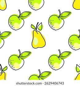 Seamless apples and pears pattern made in a vector. Bright textile or paper background.