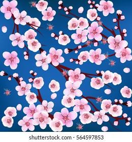 Seamless. Apricot Flower. Sakura. Japan Cherry. Branch with Blooming Flowers. Vector illustration. Springtime realistic.