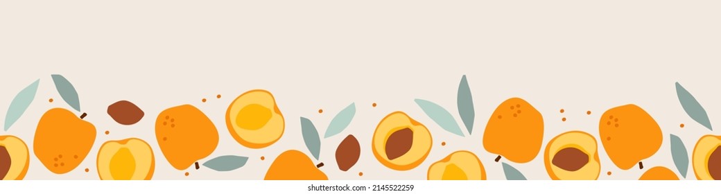 Seamless apricot fruit border. Fruits with leaf hand drawn sketch. Whole fruit and cut half. Silhouette vector for wallpaper. Food template for menu, cover, packaging design, label and branding.