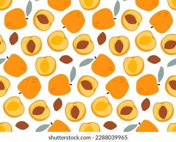 Seamless Apricot Fruit with leaves pattern, hand drawn doodle fruit sketch. Repeated Vector Food template for menu, wallpaper, wrapping, packing, textile, scrapbooking. Whole fruit and cut half, seed.