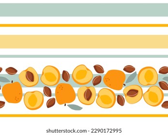 Patrón de frutos de albaricoque sin foco. Doodle dibujado a mano de frutas aislado en ilustración vectorial de fondo a rayas, colores pastel. Plantilla para menú, papel pintado, textil, papel envolvente. Impresión de color naranja