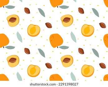 Seamless Apricot pattern, hand drawn doodle. Flat illustration of fresh fruits. Repeated Food template for menu, wallpaper, wrapping, packing, textile. Whole fruit, cut half, seed, leaf