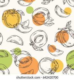 Seamless with apricot and apricot slice. Hand drawn.