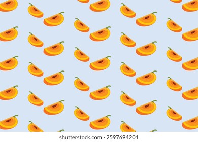 Seamless apricot slices pattern on a light blue background. Bright and fresh vector design, ideal for summer food packaging, textiles, and healthy lifestyle branding.