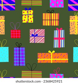 seamless apttern for celebrating. with gift boxes, presents, bows, ribbons. Rndless design on bright colored background