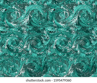 Seamless aqua menthe waves marbling pattern. Traditional Turkish Ebru technique