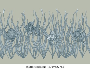 Padrão de aquário sem costura com peixes ornamentais nadando entre algas verdes onduladas. Projeto decorativo vetorial para têxtil e papel de parede, repetição de ladrilhos fundo tropical peixe, folhagem detalhada
