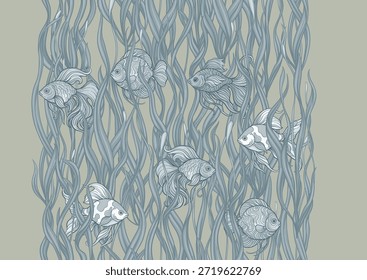 Padrão de aquário sem costura com peixes ornamentais nadando entre algas verdes onduladas. Projeto decorativo vetorial para têxtil e papel de parede, repetição de ladrilhos fundo tropical peixe, folhagem detalhada