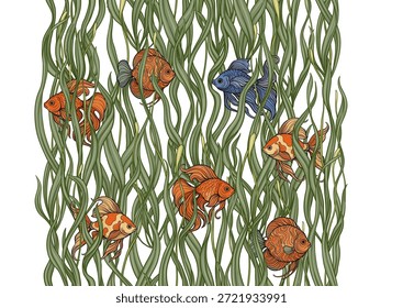 Padrão de aquário sem costura com peixes ornamentais nadando entre algas verdes onduladas. Projeto decorativo vetorial para têxtil e papel de parede, repetição de ladrilhos fundo tropical peixe, folhagem detalhada