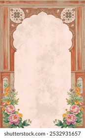 Seamless Arabesque Mughal Pattern Border Frame Vintage Floral Arabic Oriental Decorative Elements Design with Flower Bouquet Illustration