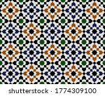 Seamless Arabian geometric pattern. Islamic mosaic design background. Moroccan oriental motifs. Elements of wall and floor decoration in Muslim architecture. Colorful background for tile, textile.