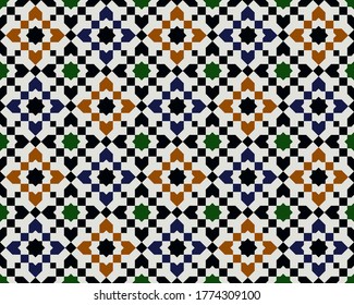Seamless Arabian geometric pattern. Islamic mosaic design background. Moroccan oriental motifs. Elements of wall and floor decoration in Muslim architecture. Colorful background for tile, textile.