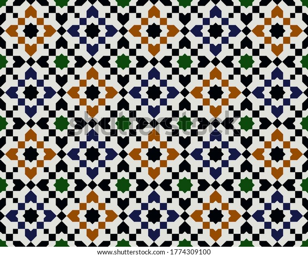 Seamless Arabian geometric pattern. Islamic\
mosaic design background. Moroccan oriental motifs. Elements of\
wall and floor decoration in Muslim architecture. Colorful\
background for tile,\
textile.