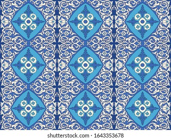 Seamless Arabian, Kazakh,Uzbek style oriental damask islamic muslim pattern in classic blue and turquoise colors. Luxury arbesque ornament for background, textile or wallpapers. Vector illustration.