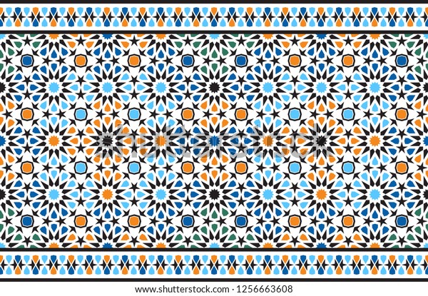 Seamless arabic\
color ornament. Frieze. Horizontal moroccan seamless geometric\
pattern. Islamic background, textiles, tile, fabric, interior and\
exterior elements,\
mosque.1