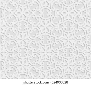 Seamless arabic geometric  pattern, 3D white background, indian ornament, persian motif, vector texture. Endless texture are suitable for web page  background, as background desktop PC, etc.