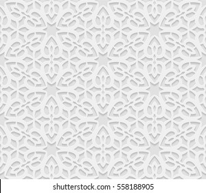 Seamless arabic geometric  pattern, 3D white background, indian ornament, persian motif, vector texture. Endless texture are suitable for web page  background, as background desktop PC, etc.
