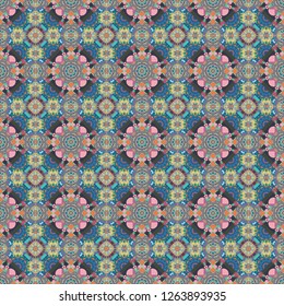 Seamless arabic geometric pattern. East culture, indian heritage, arabesque, persian motif. Vector traditional muslim background in green, pink and blue colors.