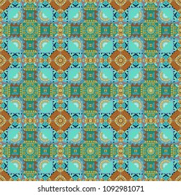 Seamless arabic geometric pattern. Vector traditional muslim background in blue, green and brown colors. East culture, indian heritage, arabesque, persian motif.