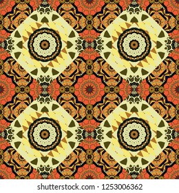 Seamless arabic geometric pattern. Vector traditional muslim background in green, black and yellow colors. East culture, indian heritage, arabesque, persian motif.