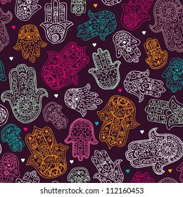 Seamless arabic hamsa hand of fatima illustration background pattern in vector