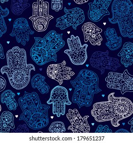 Seamless arabic hamsa hand of fatima illustration background pattern in vector