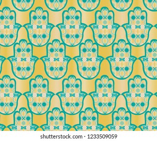 Seamless arabic khamsa hand of fatima illustration on a golden background pattern in vector,moroccan traditional art.