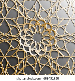 Seamless arabic pattern.gold Arabic ornament on a gray background.Used to design invitations, cards, banners, and others. Carving for metal. Ramadan Kareem. Islamic pattern